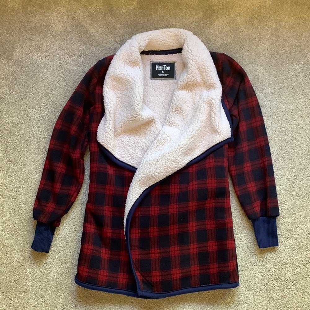 Womens sherpa lined open cardigan, size S